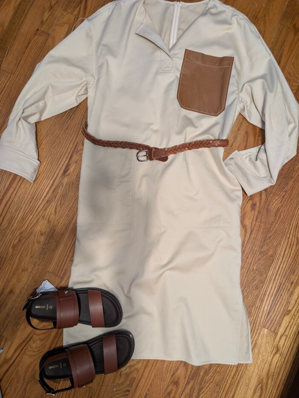 Designer Kuho Beige Leather Pocket Shift Dress Us M